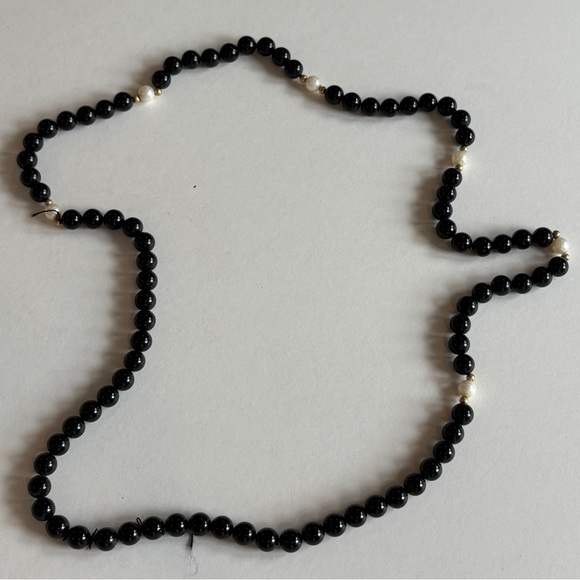 Vintage Long Black Stone Bead Necklace with Faux Pearl Accents - Picture 1 of 5